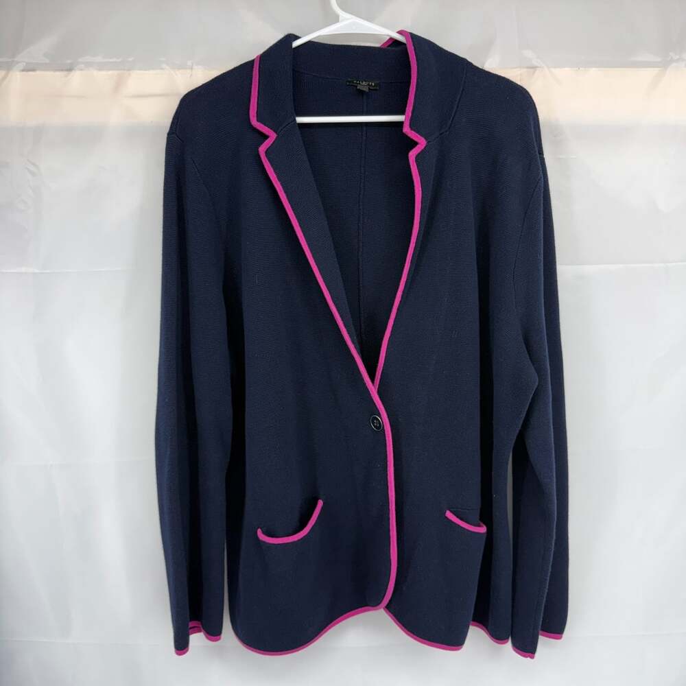 Talbots Women 2X Soft Knit Blazer Jacket Blue Button Front Pink Trim Long Sleeve